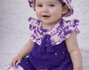 Handmade Purple Crochet Baby Dress with Hat, Mercerized Cotton, Newborn Photo Prop