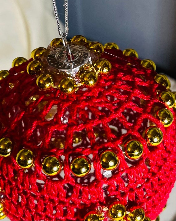Red Handmade Crocheted Christmas Ornament With Gold Beads, Crochet
