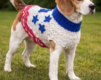 Handmade Patriotic Crochet Dog Sweater: Red, White & Blue Stars