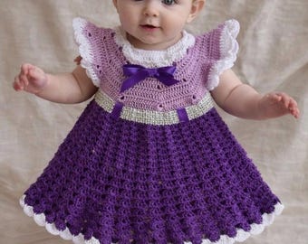 Handmade Crochet Baby Dress, Purple Lace, Jeweled Belt, Newborn Photo Prop