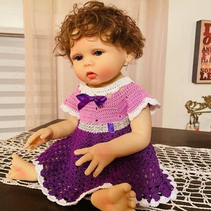 Handmade Purple Crochet Baby Dress with Silver Jeweled Belt, Satin Ribbon and Lace Trim – Newborn Photo Prop Baby Shower Gift