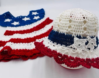 Patriotic 4th of July All American Girl Crocheted Baby Dress and Bonnet Pattern, Crochet Pattern