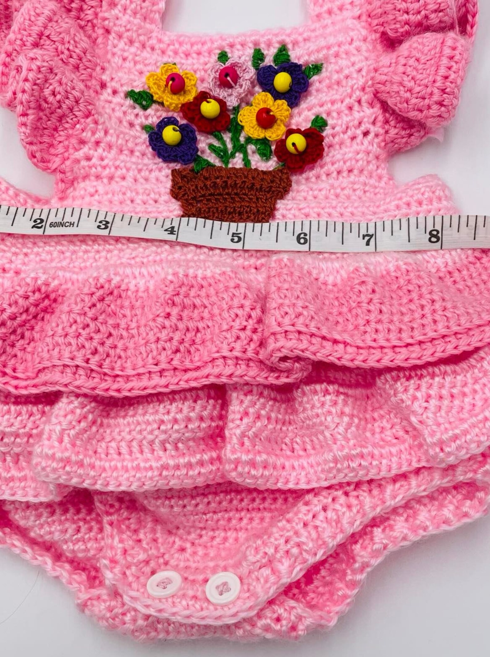 Pink Crochet Ruffles Pink Ruffles Handmade Crocheted Baby Romper W/handstitched Flowerpot - Etsy