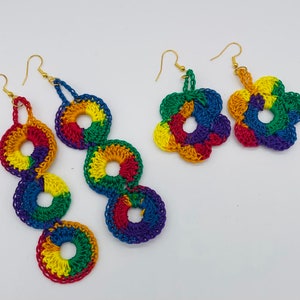 Handmade Rainbow Crochet Earrings, LGBTQ Pride Jewelry, Colorful Cotton Thread Dangle Earrings, Unique Gift for Her, Festival Style