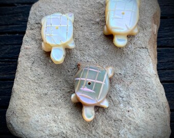 3 turtle fetish charms made of hand carved mother of pearl shell, turtle charms, 3 mother of turtles, hand carved turtle charms, white turtl