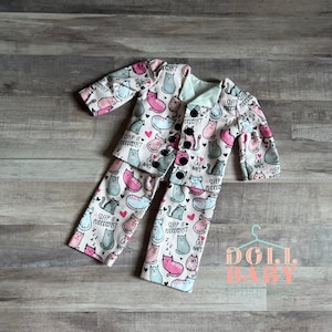 Handmade Pink Cat Pajamas for 18 inch doll, 18 Inch Doll Cat Pajama Set, Animal Doll Pajamas, Kitty Doll Pajamas