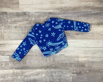 Handmade Upcycled 18 Inch Unisex Doll Shirt, Upcycled Space Science Shirt for Boys and Girls, Stars and Space Doll Shirt, Unique Doll Shirt
