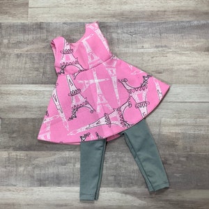 18 &quot;Pop Roze Parijs Jurk met Leggings, Cute Pink Paris Doll Outfit, Eiffeltoren Doll Outfit