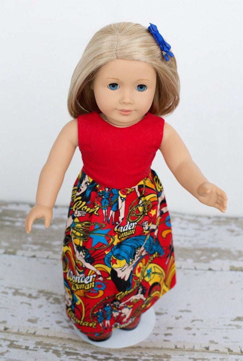 Handmade 18 Inch Doll Wonder Woman Maxi Dress, 18 Inch Doll Maxi Dress, 18 Inch Doll Dress, Wonder Woman Doll Dress, Superhero Doll Dress image 2