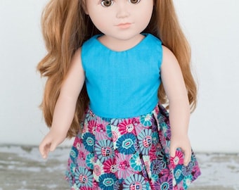 Handmade 18 Inch Doll Floral Dress, 18 Inch Doll Blue Floral Doll Dress, Retro Floral Doll Dress, 18 Inch Doll Dress, Funky Doll Dress