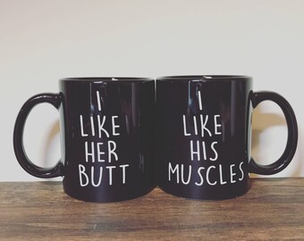 I Like Her Butt Mug | I Like His Muscles Mug | Gifts for Couples | Funny Couples Gift | Cute Fitness Couple Gift | Cute Couples Cups