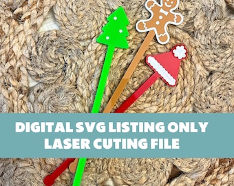 Op de afbeelding: Drie digitale SVG-bestanden voor lasersnijden. De bestanden bevatten een kerstboom, een peperkoekman en een kerstmanmuts.