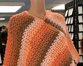 Multi Color Apricot Poncho, Orange Brown Peach Boho Poncho, Hippie poncho , Orange Poncho, Multicolor Ponch, Boho Style, Poncho, Cover up