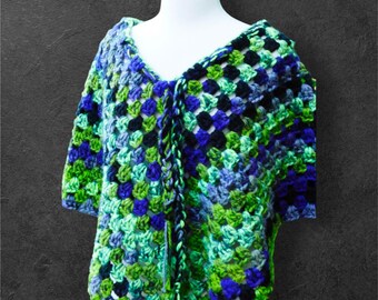 Blue Green Black Boho Poncho, Hippie poncho , Blue Poncho, Green Poncho, Black Poncho, Boho Style, Poncho, Cover up