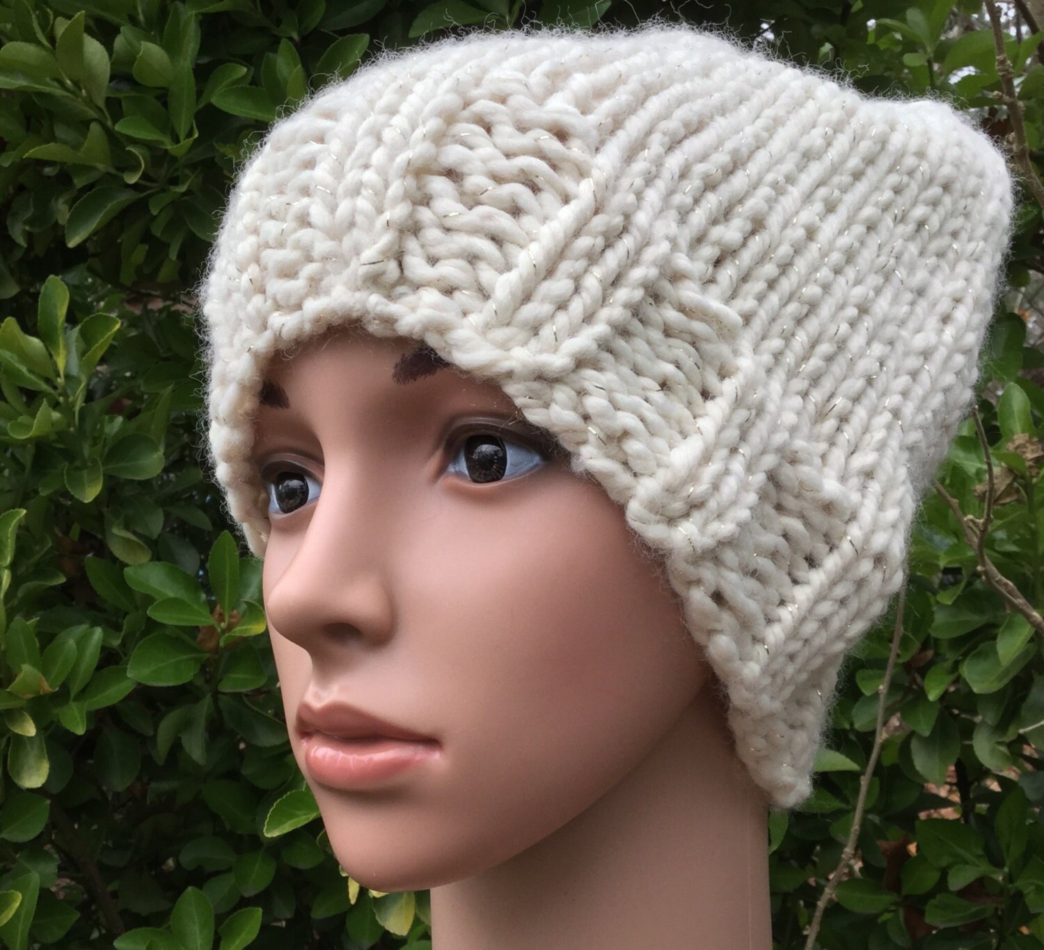 Cream and Gold Slouchy Beanie Hat off 