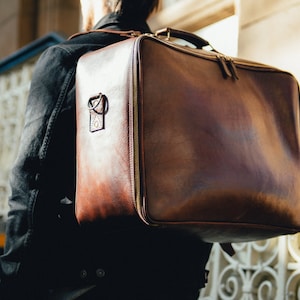 Grote leren plunjezak, leren herenkoffer, handgemaakte leren tas, grote reiskoffer, vintage, retro, weekendtas, herenmode, hip
