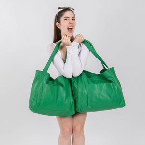 Leather Tote Bag Leather Everyday Bag Market Bag Campus Bag Anniversary Gift Colorful Oversized Tote Bag Large Shopper Bag Soft Green image 1