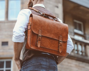 LeatherCo. Black Leather Laptop Messenger Bag With Orange Zip for