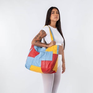 Upcycled patchwork tote Colorblock Leather Tote Oversized tote upcycled tote Sustainable bag Handmade tote Color block bag Soft leather bag image 1