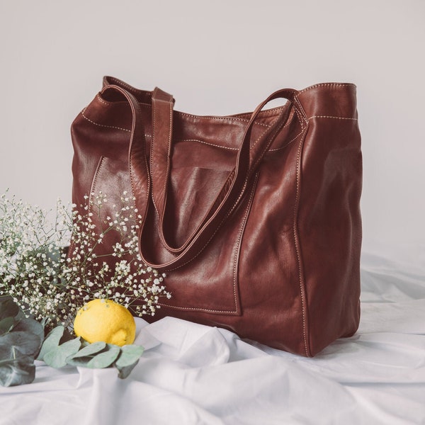 Fourre-tout en cuir, fourre-tout en cuir, sac souple, sac à langer, sac en cuir souple, grand fourre-tout, sac de courses, cadeau d'anniversaire pour elle