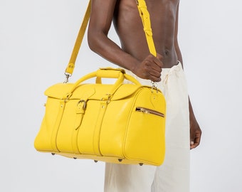 Bolso Duffle de cuero amarillo, equipaje grande, bolso de cuero, llevar todo de gran tamaño, fin de semana de cuero, equipaje de mano, bolsa de viaje, regalo de Navidad