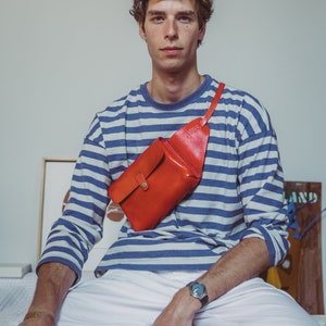Red Leather Belt Bag Leather Fanny Pack Unisex Leather Shoulder Bag Vegetable Tanned Leather Waist Bag Gift for Her or Him Crossbody Pouch