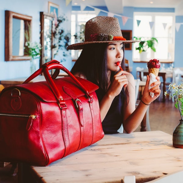 Red leather duffle, Leather weekender bag, monogram duffle, Carry All Leather Luggage Carry on Baggage Vegetable Tanned Gym Bag Women Bag