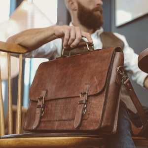 Leather Messenger Bag, Leather Laptop Briefcase, Rustic Briefcase, Classy Bag, Handmade Cross-body Bag, Retro Metropolitan Fashion, Hip image 1