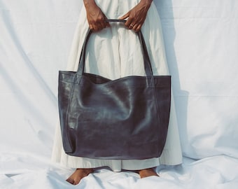 Black Leather Tote Bag, Leather Grocery Bag Double Handle Soft Large Tote with Pocket Gift for Her Mothers Day Gift