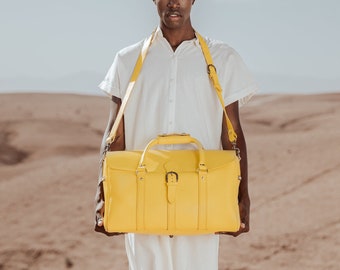 Leather Gym Bag Duffle Bag Yellow Large Leather Luggage Leather