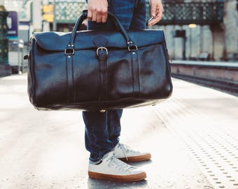 Large Duffle Bag Mens Leather Luggage Black Leather Holdall Leather Travel Bag Luggage Carry on Baggage Vegetable Tanned Full Grain Leather