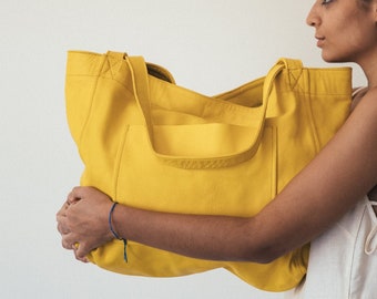 Yellow Leather Tote, Leather Shoulder Tote, Slouchy Bag, Diaper Bag, Soft Leather Bag, Large Tote, Grocery Bag, Sympathy Gift, Leather