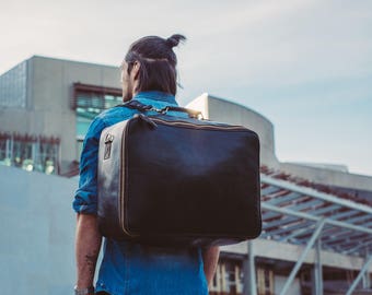 Black Leather Suitcase, Suitcase with Backpack Straps, Large Travel Bag, Weekender, Rucksack, Oversize Duffle, Christmas Gift