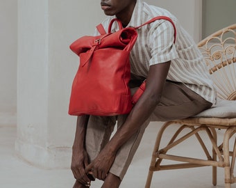 Red Leather Backpack,16" Leather Rucksack,Vintage Design,GIFT, SALE, Unisex Rolltop, Coloruful Leather, Red Leather, univeristy bag,work bag