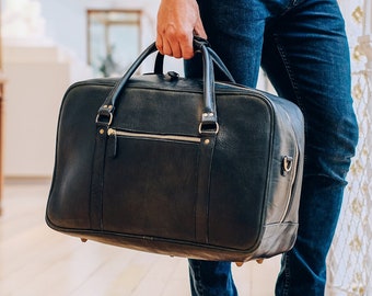 Cabin Bag,Full grain leather,Black leather duffle,leather suitcase,Men's travel bag, Vacation bag, Duffle Bag, Holdall leather bag, Carry-on