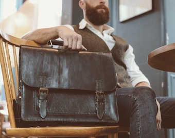 Messenger Bag, Black Leather Briefcase, Pilot Messenger, Laptop Messenger, Cross-body Bag, Rucksack Messenger, Unisex Leather Briefcase