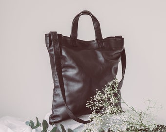 Black Leather Tote Bag, Grocery Bag, Top Handle Tote Bag, Shoulder Bag, Leather Crossbody Bag, Commuter Bag, School Bag, Gift for Wife