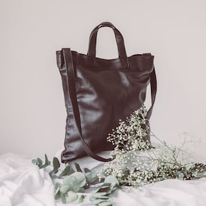 Black Leather Tote Bag, Grocery Bag, Top Handle Tote Bag, Shoulder Bag, Leather Crossbody Bag, Commuter Bag, School Bag, Gift for Wife image 1