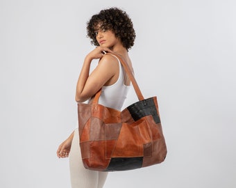 Up-cycled patchwork soft leather tote bag, oversized tote, vegetable tanned, full grain leather