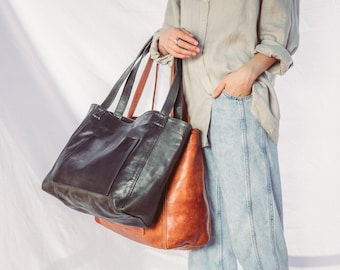 Leather Tote Bag - Teacher Tote, Soft black leather with double handle, Custom Tote Bag, Bride Tote, Monogrammed Tote, Personalized Tote