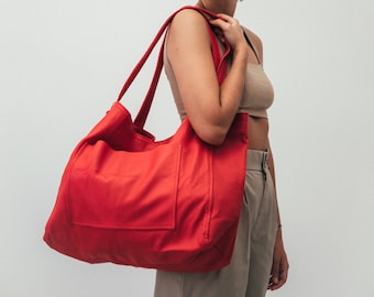 Red Tote Bag, Leather Handbag, Oversize Leather Tote, Book Bag, Library Bag, Leather Hobo Bag, Soft Leather Bag, Summer Bag, Graduation Gift