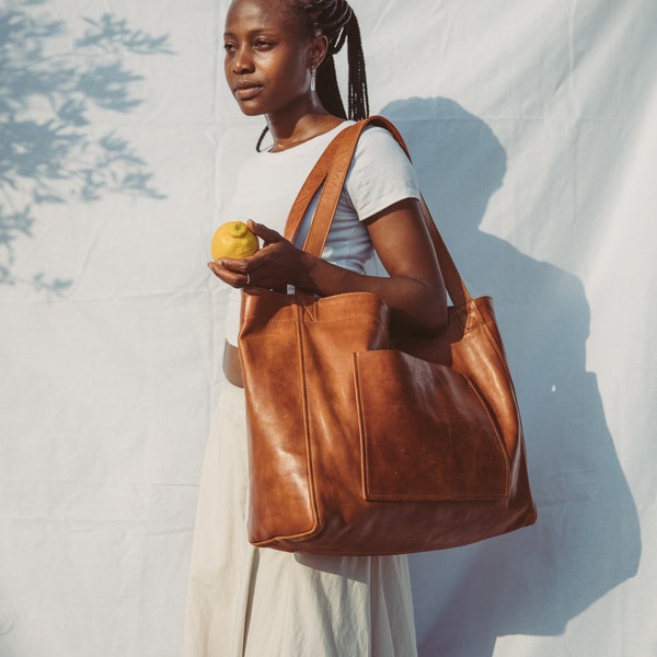 Sac fourre-tout en cuir, sac d'université en cuir souple, sac de week-end, grand fourre-tout avec poche, cadeau de mariage sac d'épicerie à double poignée sac à langer