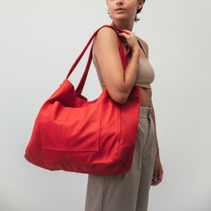 Red Tote Bag, Leather Handbag, Oversize Leather Tote, Book Bag, Library Bag, Leather Hobo Bag, Soft Leather Bag, Summer Bag, Graduation Gift image 1