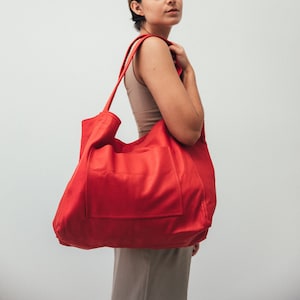 Red Tote Bag, Leather Handbag, Oversize Leather Tote, Book Bag, Library Bag, Leather Hobo Bag, Soft Leather Bag, Summer Bag, Graduation Gift image 2