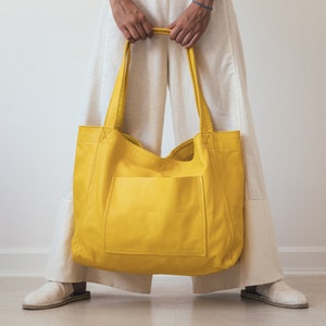 Yellow Leather Tote, Leather Shoulder Tote, Slouchy Bag, Diaper Bag, Soft Leather Bag, Large Tote, Grocery Bag, Sympathy Gift, Leather image 2