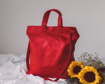 Red Crossbody Bag, Leather Tote Bag, Shoulder Bag, Unisex Tote Bag, Top Handle Handbag, Leather Computer Bag, Anniversary Gift