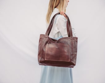 Leather Tote Bag, Brown leather tote with pocket, Grocery bag, Soft Tote Bag, Bride Tote, Custom Monogram Tote, Personalized Tote