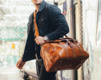 Leather Duffle Bag, Men's Overnight Bag, Leather Duffel, Classic Carry Lite Holdall, Lightweight Luggage, Carry on Baggage, Brown Men's Bag