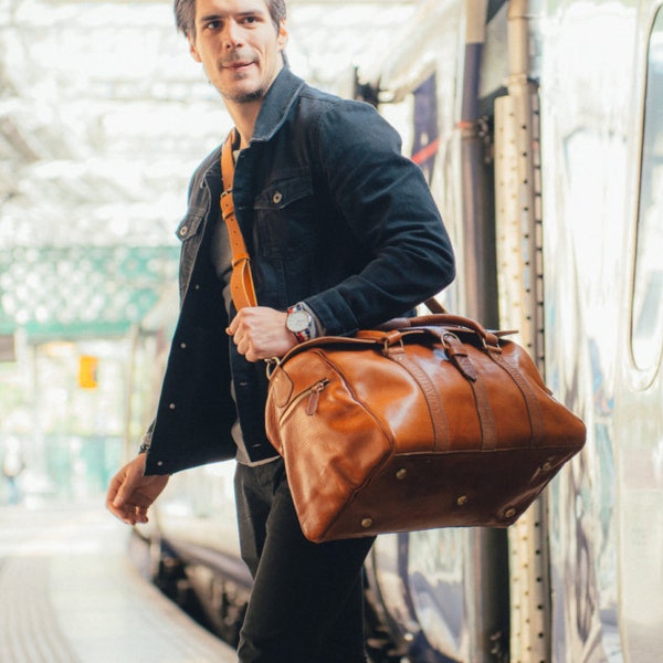 Leather Duffle Bag, Men's Overnight Bag, Leather Duffel, Classic Carry Lite Holdall, Lightweight Luggage, Carry on Baggage, Brown Men's Bag