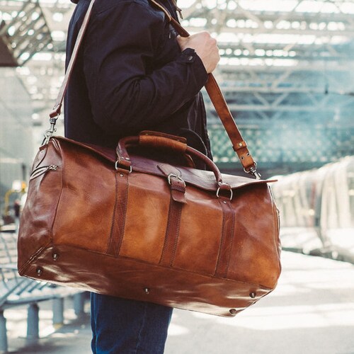 Duffle Leather Bag Men's Leather Travel Holdall Luggage Carry All Holdall Leather Luggage Carry On Bag Vegetable Full Grain Tanned Suitcase Bags & Purses Luggage & Travel Duffel Bags 